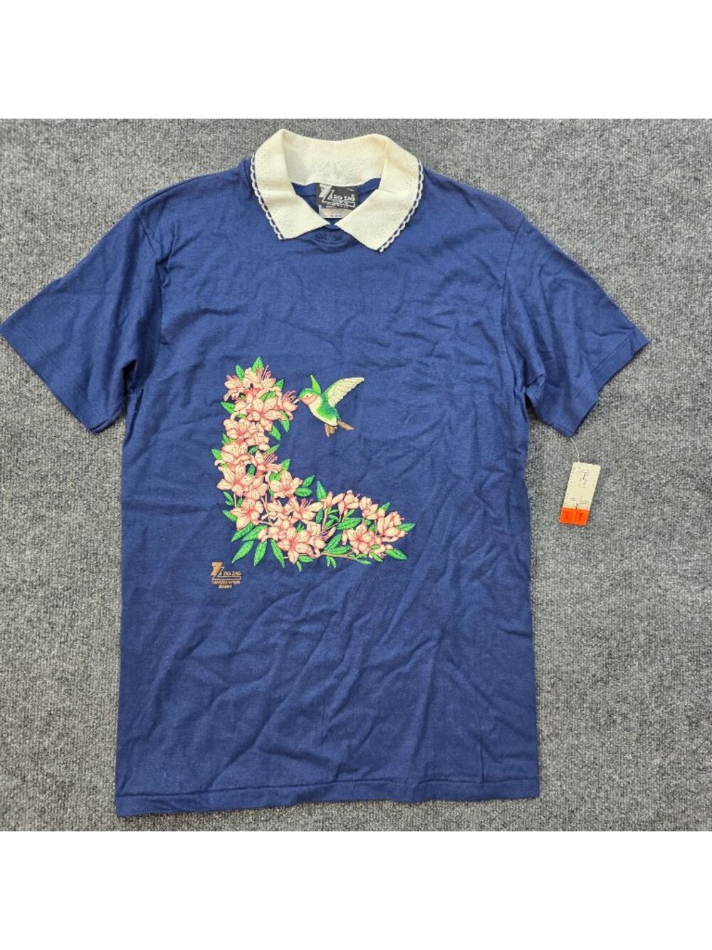 Vintage 90s Zig Zag Hummingbird Floral Collared T Shirt M USA Naturecore Retro